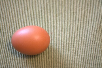 One brown chicken egg placed on green textile fabric, shown in a close-up with room for text. Natural, minimal style.