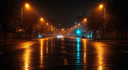 Wet City Street at Night Reflecting Vibrant Orange and Teal Streetlights and Traffic
