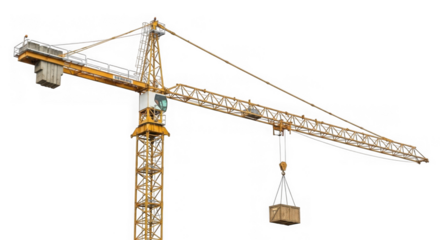 Tall yellow crane lifting heavy materials at a construction site for a new building project with a clear sky isolated on transparent background
