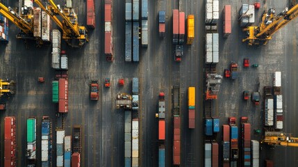 Aerial view of stacked shipping containers at port
