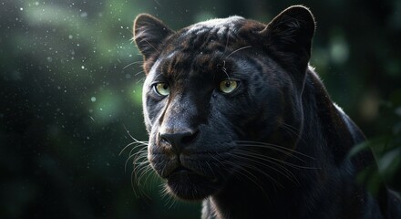 Majestic Black Panther with Piercing Green Eyes in Misty Forest Setting