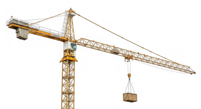 Tall yellow crane lifting heavy materials at a construction site for a new building project with a clear sky isolated on transparent background