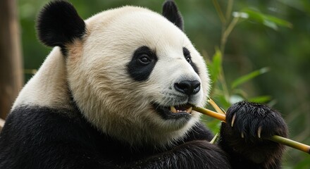 Close-up of a Panda Eating Bamboo, Detailed Portrait