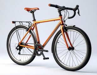 A stylish orange touring bicycle with drop handlebars, a rear rack, and fenders, isolated on a clean studio background for urban commuting or travel concepts.