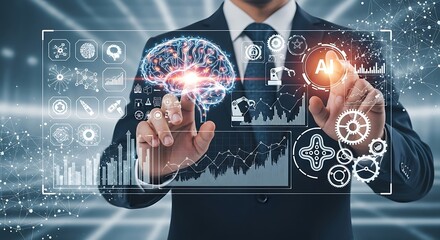 Businessman interacting with AI brain and digital data analytics interface.