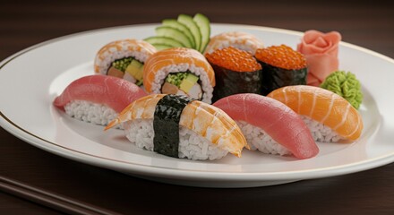 Exquisite Assortment of Fresh Sushi and Sashimi on a White Plate