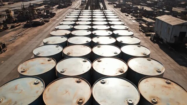 oil drum - Aerial view of stacked blue barrels on a dock, with industrial structures and cranes in the background, showcasing a busy port environment and potential shipping activities