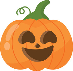 A funny cartoon pumpkin with a smiling jack-o'-lantern face and a green stem, a festive Halloween illustration.