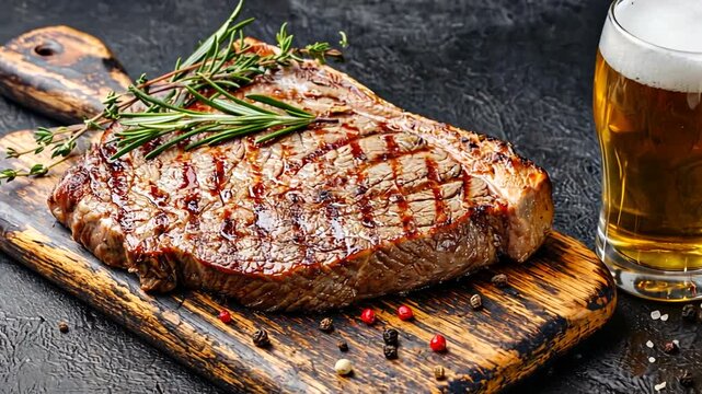 Grilled steak served on a rustic wooden board with fresh herbs and a cold beer in the background