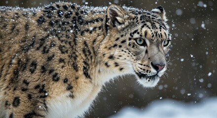 Icy-Eyed Snow Leopard's Intense Gaze During a Winter Snowfall