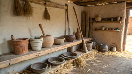 Rustic collection of ancient pottery and wooden tools