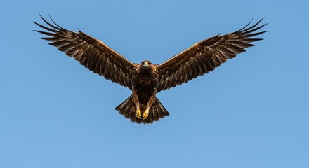Intense Golden Eagle in Dynamic Head-On Flight with Expansive Wings Against Clear Blue Sky