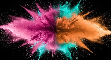 Vibrant Pink, Teal, and Orange Powder Explosion on Black, Dynamic Abstract Color Burst