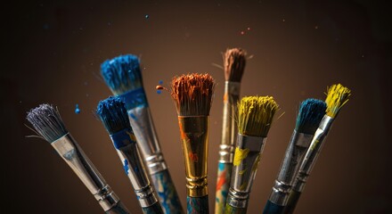 Colorful Paintbrushes Bursting with Vibrant Colors, Artistic Expression, Close-Up.
