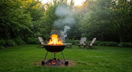 A barbecue grill with a large fire burning in a green backyard setting, surrounded by chairs and trees.