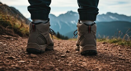 Hiker's Feet in Sturdy Boots on Rocky Mountain Trail with Distant Peaks