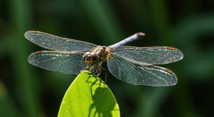 Detailed Close-up of a Dragonfly on a Leaf, Natural Light