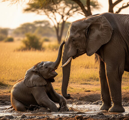 Baby Elephant Playing in Mud with Mother – Wildlife Bond