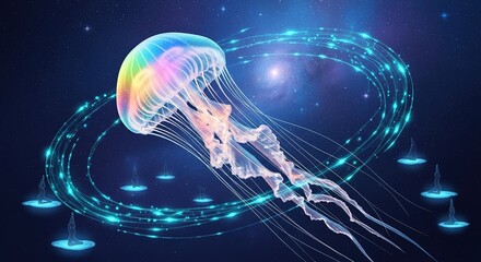 Colorful jellyfish floats in a dark blue space with abstract glowing shapes.
