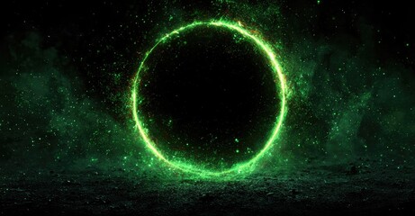 Glowing green circle on dark, dusty ground