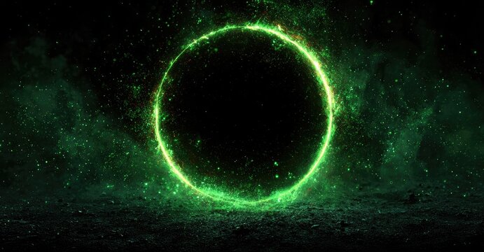 Glowing green circle on dark, dusty ground - Powered by Adobe
