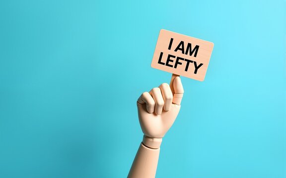 Wooden mannequin hand with sign i am lefty over blue background. International left handers day concept. Copy space. High quality - Powered by Adobe
