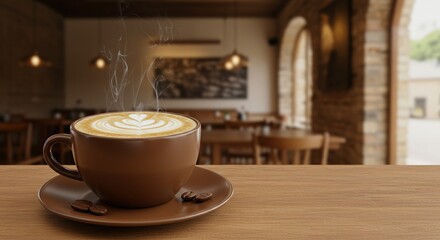 Steaming Latte Art Coffee Cup on Wooden Table in Cozy Cafe Ambiance
