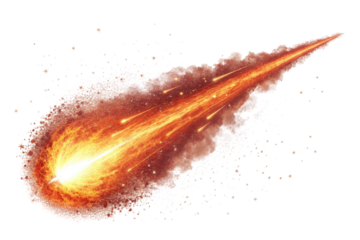 Fiery meteor streaking through space with glowing tail isolated on transparent background