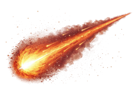 Fiery meteor streaking through space with glowing tail isolated on transparent background