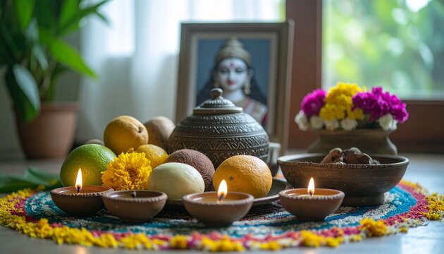 Traditional Navaratri Home Altar with Fruits, Diyas, and Goddess Portrait for Hindu Festival Celebration