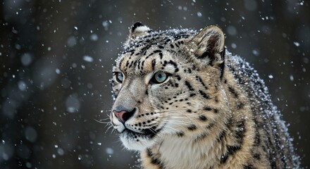Majestic Snow Leopard Portrait in Falling Snow, Intense Blue Eyes