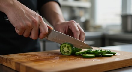 Close-up of skilled hands precisely slicing a vibrant green tomato on a rustic wooden cutting board.