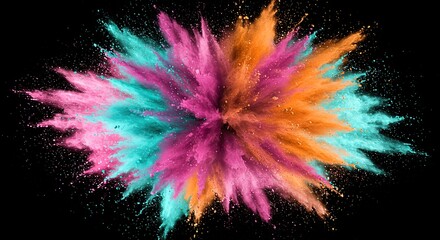 Vibrant Explosion of Teal, Pink, and Orange Powder Against Black Background