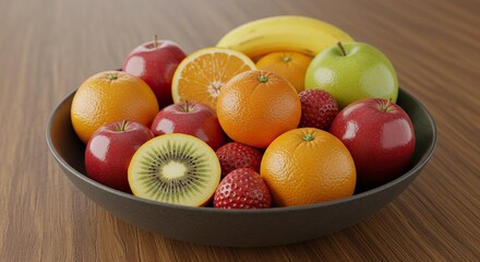 Vibrant Assortment of Fresh Fruits in a Dark Bowl on a Wooden Surface