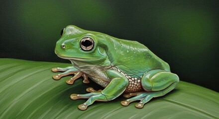 Exquisite Realistic Painting of a Vibrant Green Tree Frog on a Lush Leaf