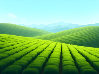 Fototapeta premium Vibrant Green Tea Plantation Rolling Hills Japanese Landscape Sunny Day Lush Foliage Serene Scenery Tranquil Atmosphere Verdant Meadows Agricultural Field Rows of Tea Bushes