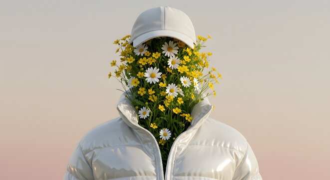A surreal portrait of a person in a white puffer jacket and cap, their face obscured by a bouquet of wildflowers.
