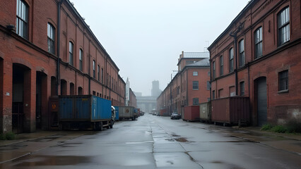 Fototapeta premium Overcast Day in Red Brick Industrial District Alleyway with Cargo Containers and Trucks Parked Along Wet Asphalt Road Showing Aged Brick Buildings and Distant Factory Structure