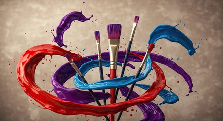 Dynamic Paint Brushes Swirling with Vibrant Red, Blue, and Purple Liquid Art