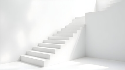 Minimalist White Staircase Ascending in a Brightly Lit Room with Soft Shadows and Clean Lines Creating a Simple Modern Architectural Design