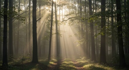 Sunlit Forest Path: Serene Morning Light Through Trees, Atmospheric Landscape.