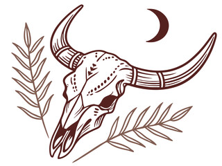 Fototapeta premium Vintage Line Art Illustration of a Longhorn Cattle Head in a Field . A detailed, vintage-style line drawing of a longhorn cattle head emerging from tall grass.