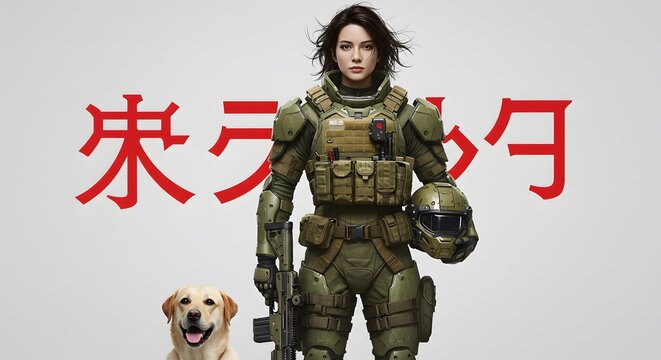 A futuristic female soldier in green combat armor stands with her loyal yellow Labrador dog. - Powered by Adobe