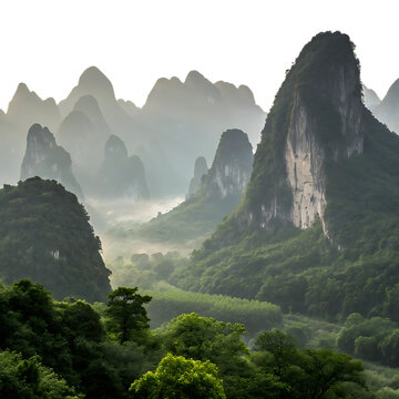 Misty karst mountains landscape isolated on transparent background