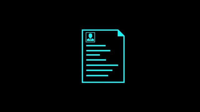 Cyan Neon Icon of a Resume Document with a Profile Picture and Text Lines on a Black Background curriculum vitae . 4k video
