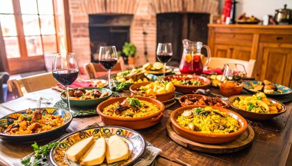 Fototapeta premium Typical Spanish Dinner Table with Sangria, Grilled Meats & Cozy Ambience