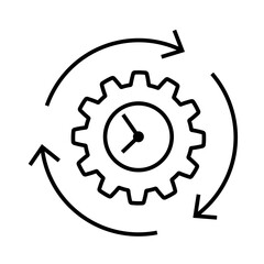 Clock inside gear with circular arrows. Editable stroke. Time management icon. Workflow optimization symbol. Linear outline illustration for automation, productivity, and process control concepts.