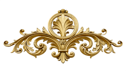 Ornate golden decorative element with intricate floral patterns on a transparent background. Ideal for design and embellishment purposes.