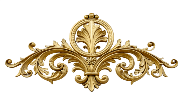 Ornate golden decorative element with intricate floral patterns on a transparent background. Ideal for design and embellishment purposes.