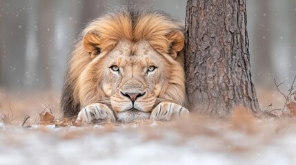 A lion resting its head on a tree trunk in a snowy forest.